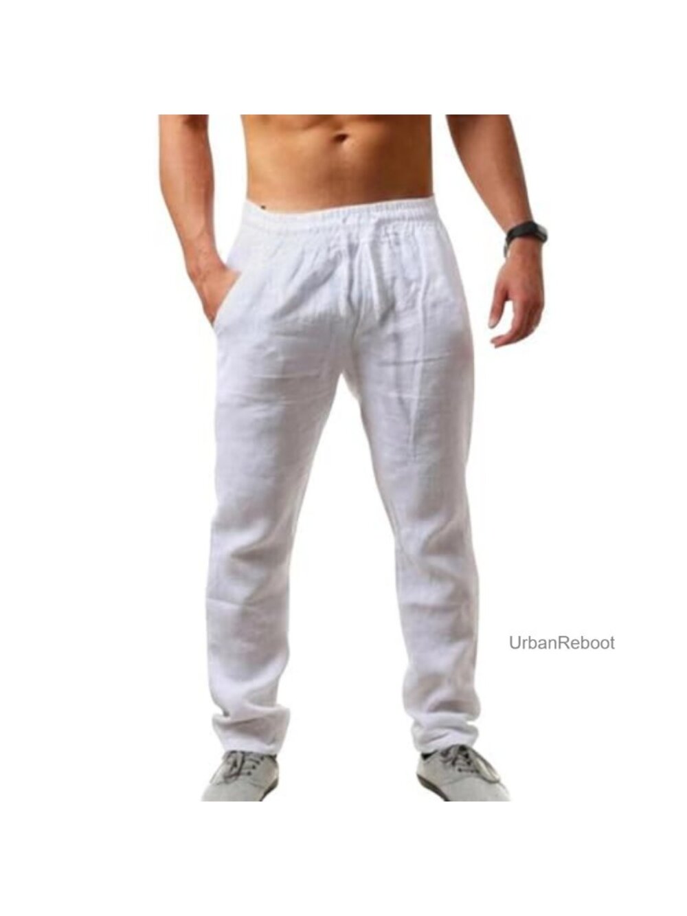 Men's Cotton Linen Pants Elastic Waist Drawstring Casual Trousers